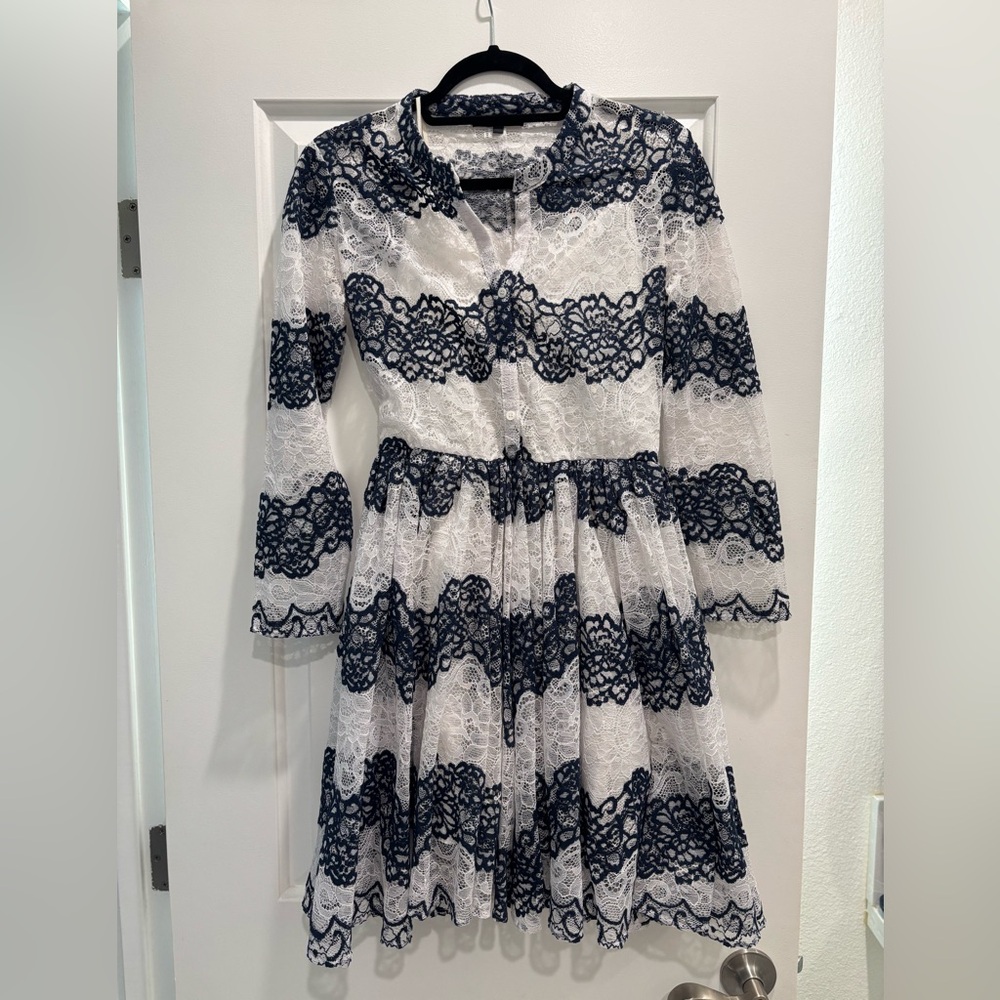 Maje Girls Navy and White Lace Tiered Button-Front Dress